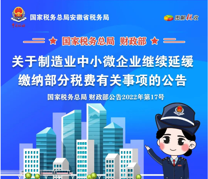 關于制造業中小微企業繼續延緩繳納部分稅費有關事項的公告