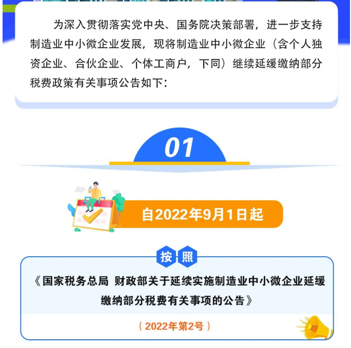 關于制造業中小微企業繼續延緩繳納部分稅費有關事項的公告