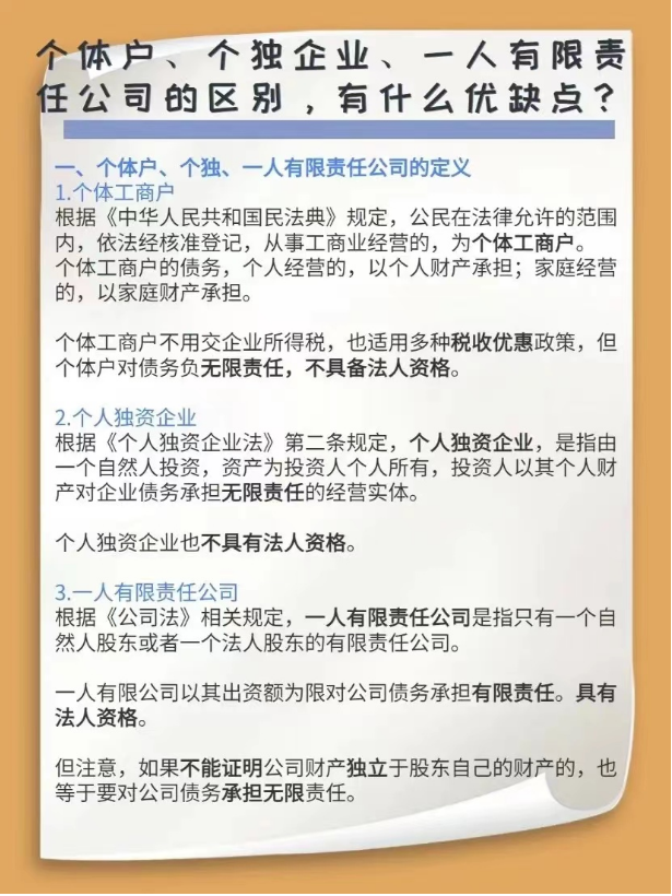 個體戶、個獨企業、一人有限責任公司的區別，有什么優缺點