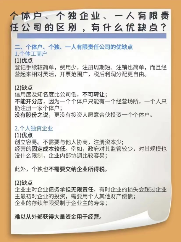 個體戶、個獨企業、一人有限責任公司的區別，有什么優缺點